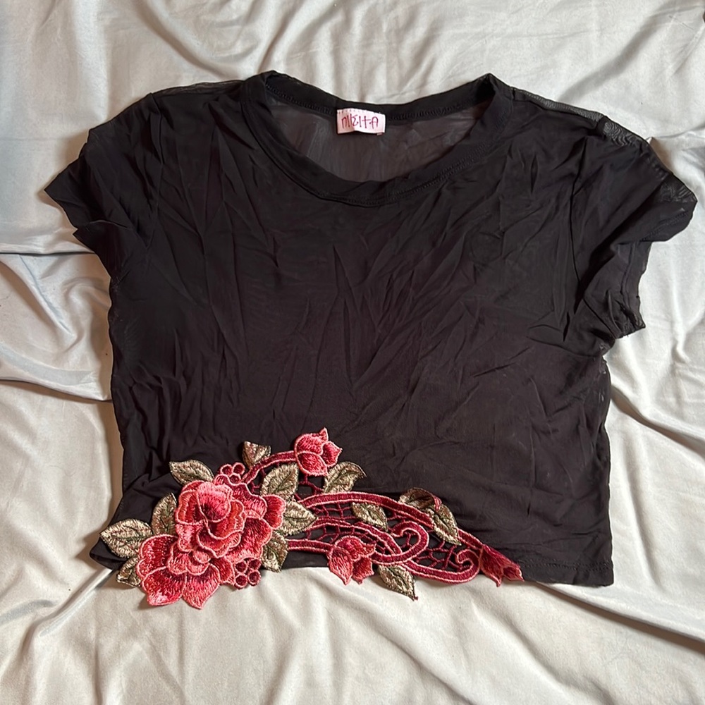 Embroidered black mesh crop top